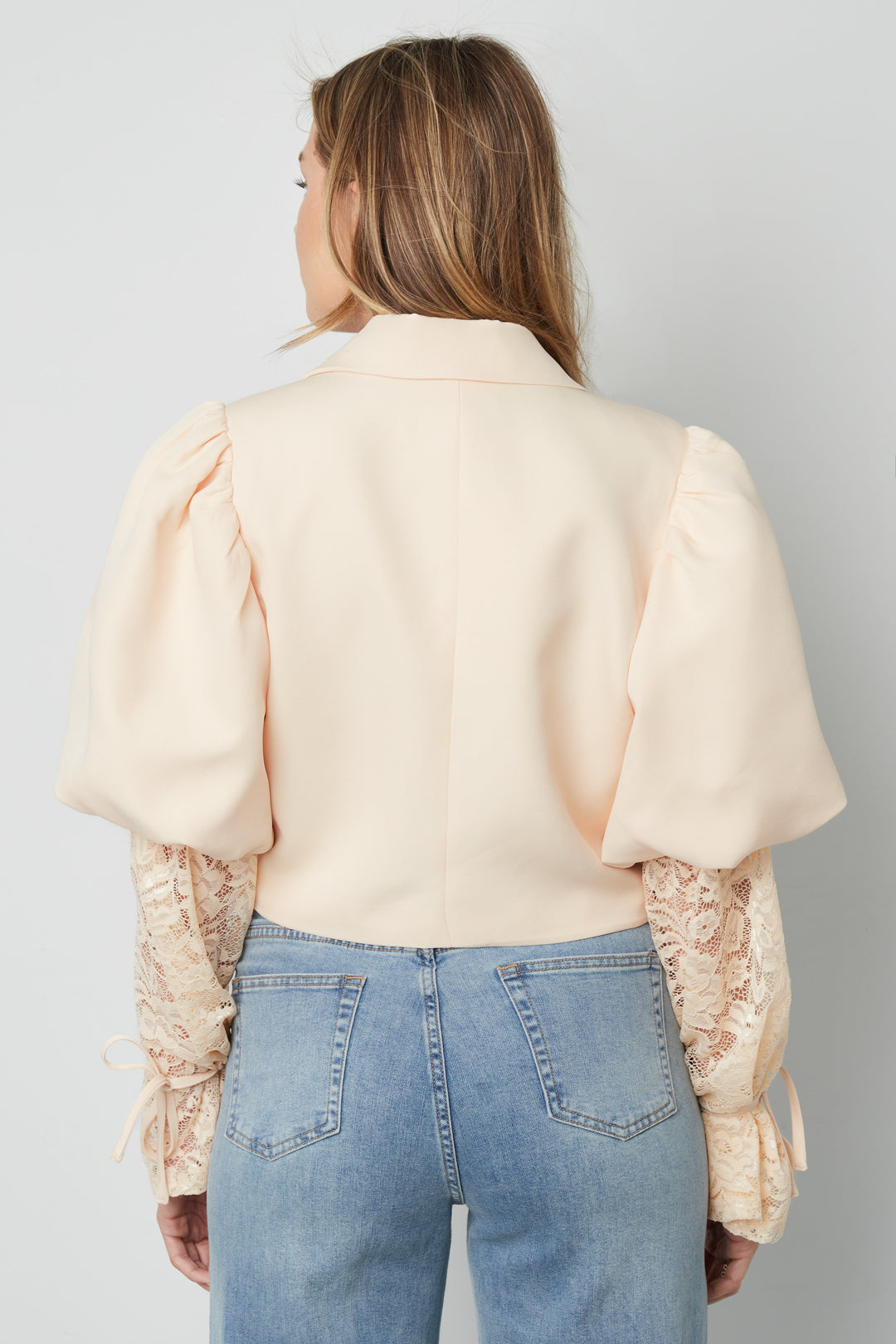 Cotton Blend Women's Blazer Puff Sleeve Lace Insert