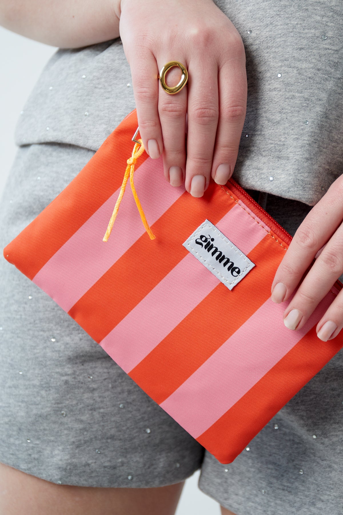 Flat toiletry bag large stripe - Orange pink