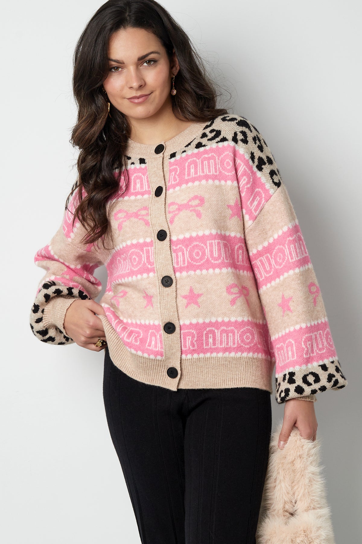Knitted Cotton Blend Women's Cardigan Patterned Print