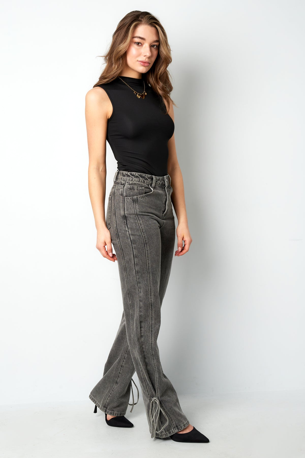 Cotton Woven Women's Straight Leg Denim Pants Casual Knot Detail