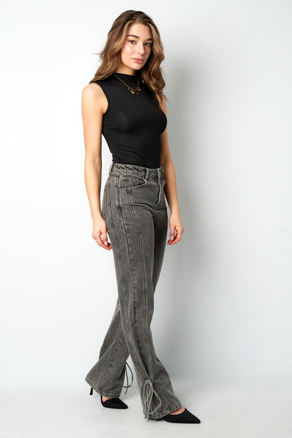 Cotton Woven Women's Straight Leg Denim Pants Casual Knot Detail