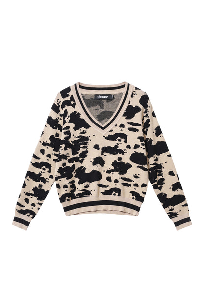 Gebreid (inclusief haakwerk en wolstof) Luipaardprint V-hals Trui voor Dames Herfst/Winter Casual