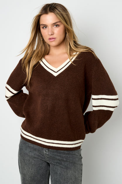 Knitted Polyester Fiber Women's V-Neck Sweater Sporty Contrast Stripes