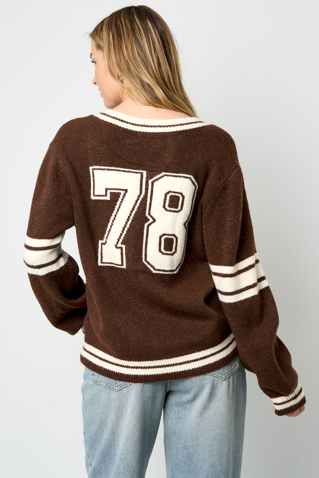 Knitted Polyester Fiber Women's V-Neck Sweater Sporty Contrast Stripes