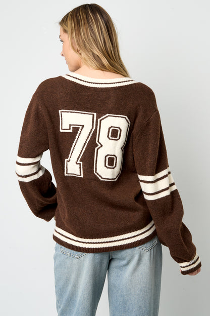 Knitted Polyester Fiber Women's V-Neck Sweater Sporty Contrast Stripes