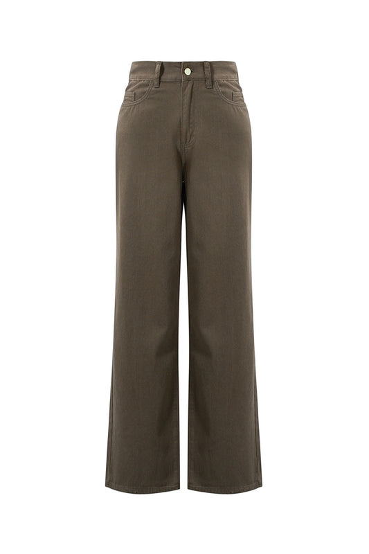 Woven Cotton Women's Straight Leg Pants Casual Solid Color
