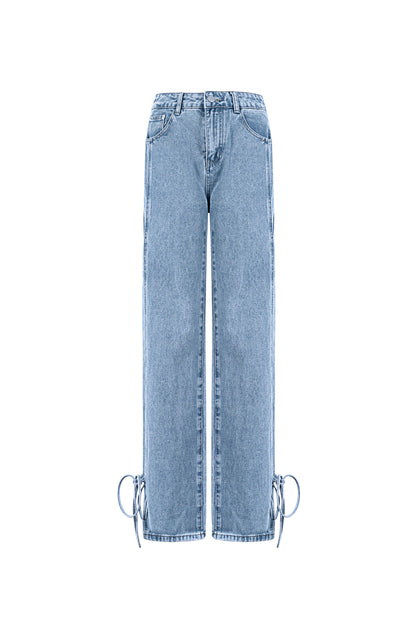Cotton Woven Women's Straight Leg Denim Pants Casual Knot Detail