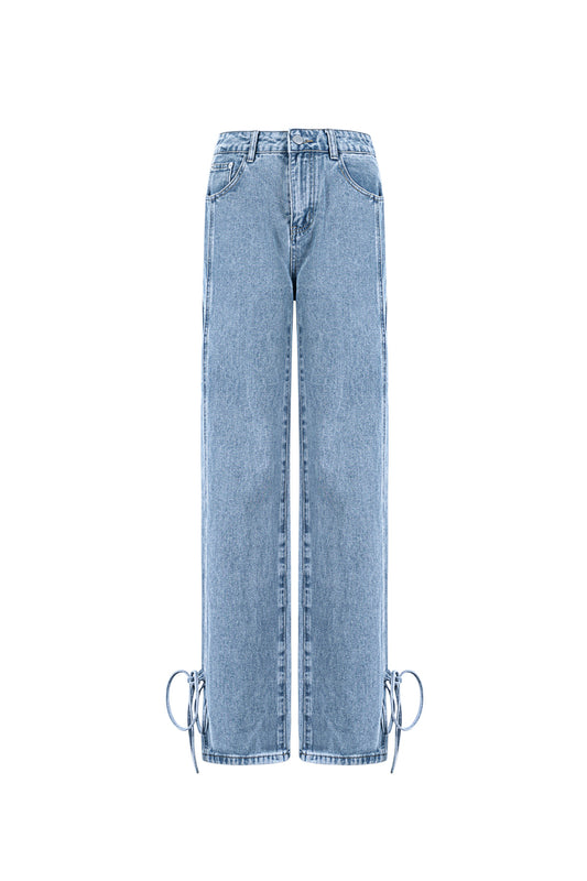 Cotton Woven Women's Straight Leg Denim Pants Casual Knot Detail