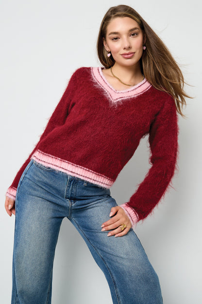 Knitted Polyester Fiber Women's V-Neck Sweater Casual Color Clash