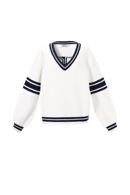 Knitted Polyester Fiber Women's V-Neck Sweater Sporty Contrast Stripes