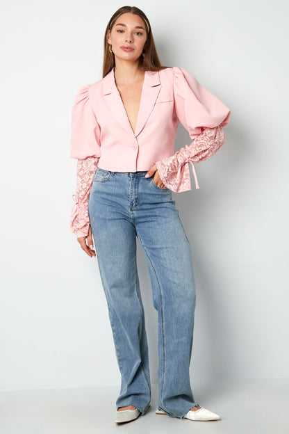 Cotton Blend Women's Blazer Puff Sleeve Lace Insert