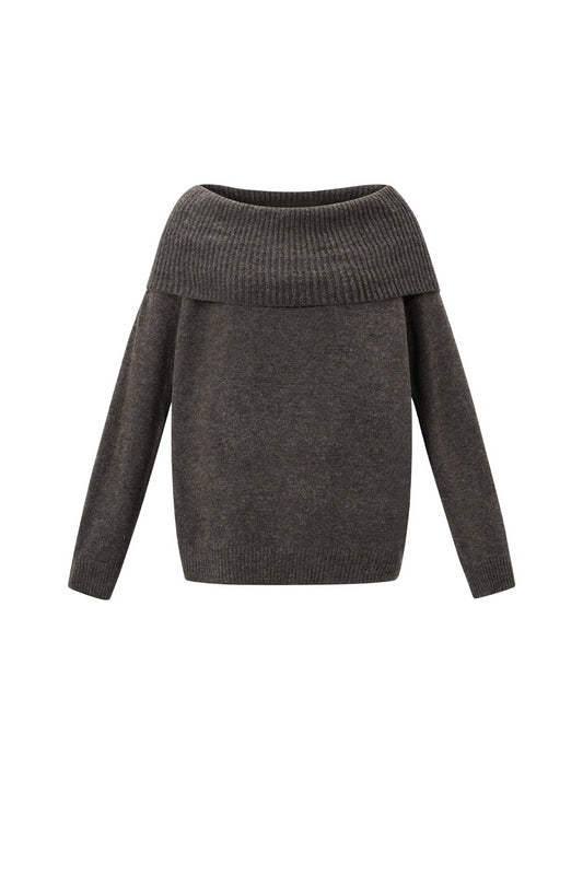 Knitted Polyester Fiber Women's Off-Shoulder Sweater Elegant Solid Color