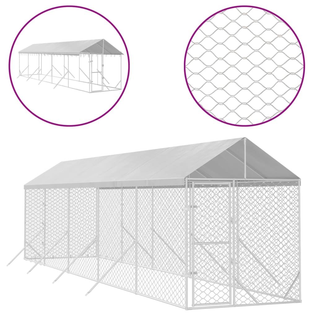 Hondenkennel Met Dak 2X10X2,5 M Gegalvaniseerd Staal Zilver