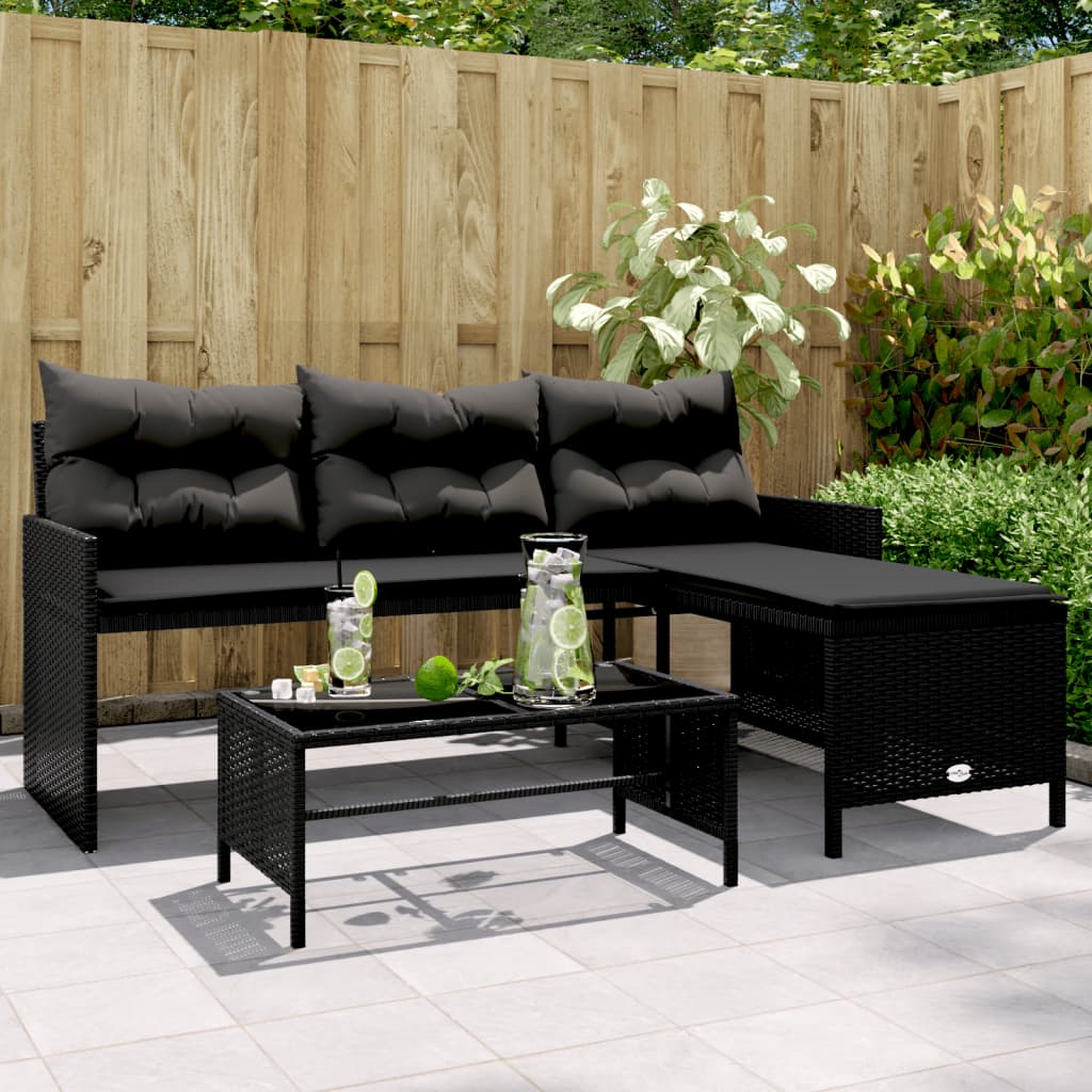 Tuinbank Met Tafel En Kussens L-Vormig Poly Rattan