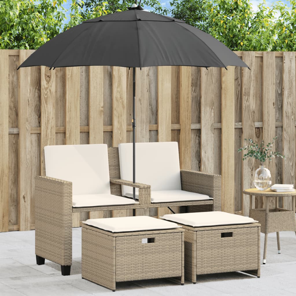Tuinbank 2-Zits Parasol En Voetenbanken Poly Rattan