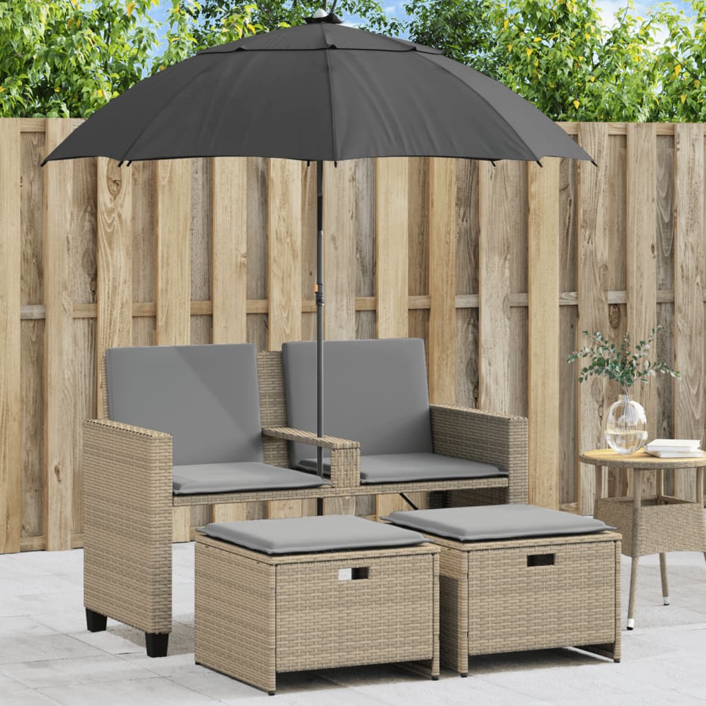 Tuinbank 2-Zits Parasol En Voetenbanken Poly Rattan