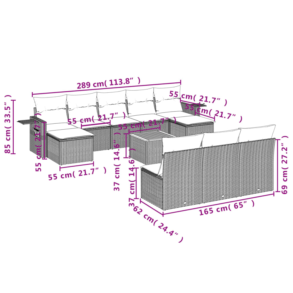 11-Delige Tuinset Met Kussens Poly Rattan