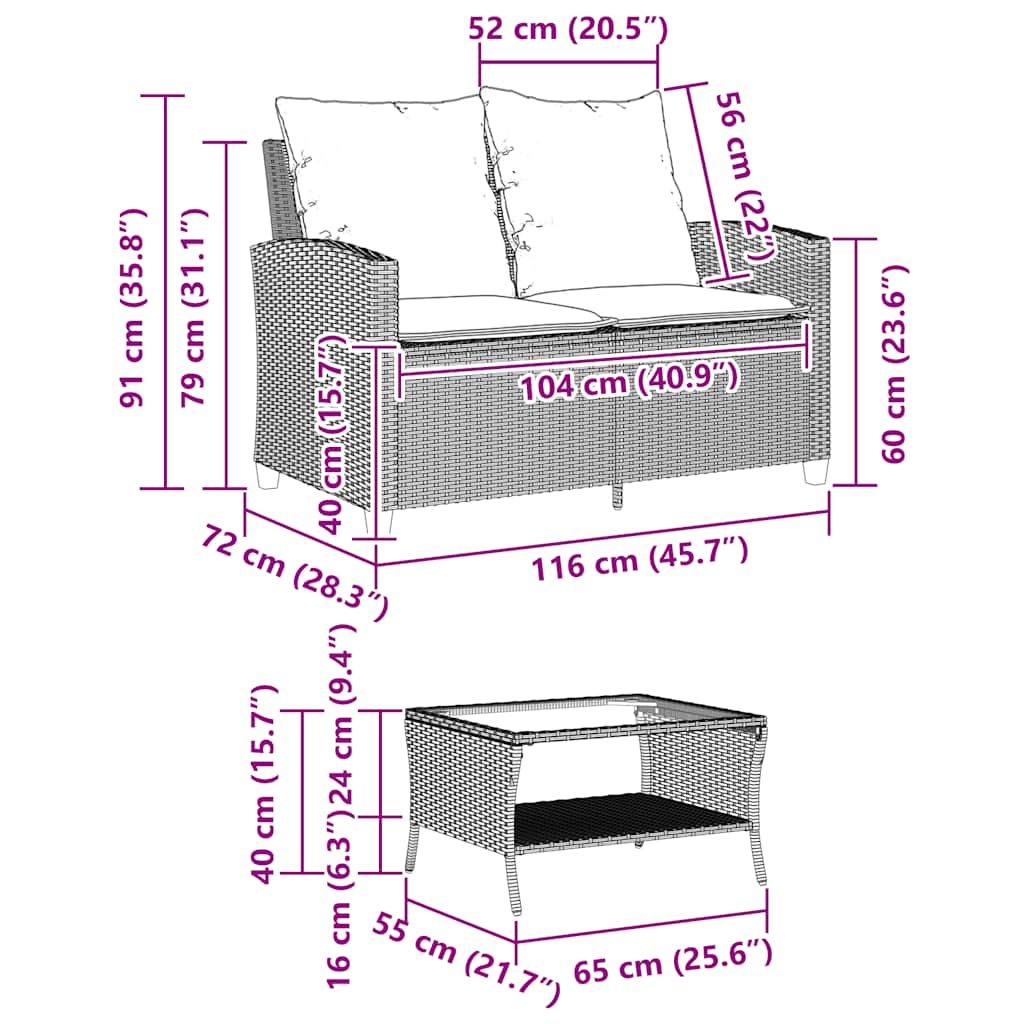 Tuinbank 2-Zits Met Kussens & Tafel Poly Rattan