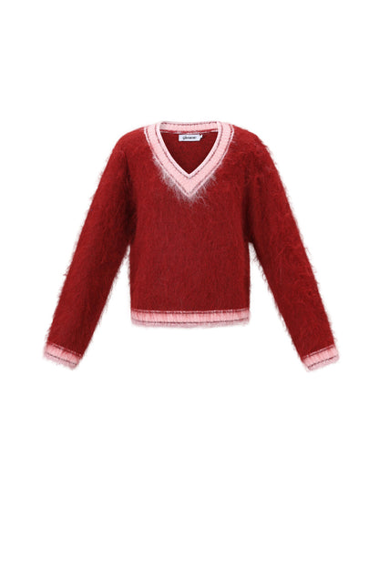 Knitted Polyester Fiber Women's V-Neck Sweater Casual Color Clash
