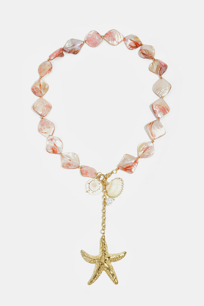 Ketting met kralen van zeeschelpen, schildpadmotief, vakantie/strandthema, etnische serie, damessieraden