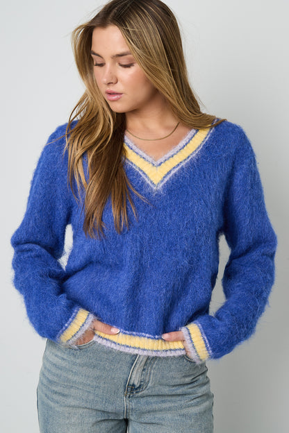 Knitted Polyester Fiber Women's V-Neck Sweater Casual Color Clash